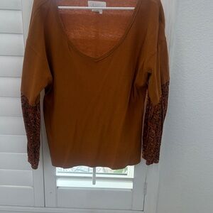 Anthropologie Brown Long Sleeve Top with Patterned Sleeves